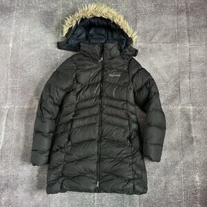 Women's Marmot 650 Down Ithaca Black Faux Fur Hooded Parka Puffer Jacket Sz S